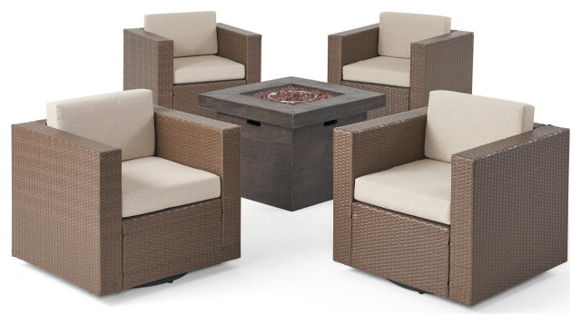 GDF Studio 5-Piece Venice Outdoor Chat Set With Wicker Club Chairs, Fire Pit, Brown