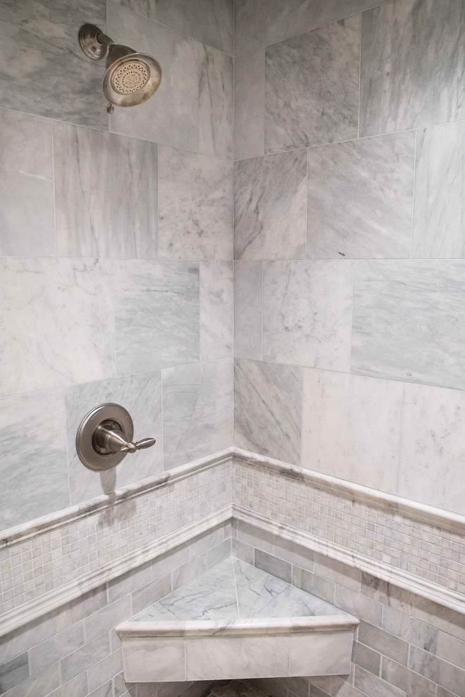Inspiration for a transitional 3/4 stone tile pebble tile floor bathroom remodel