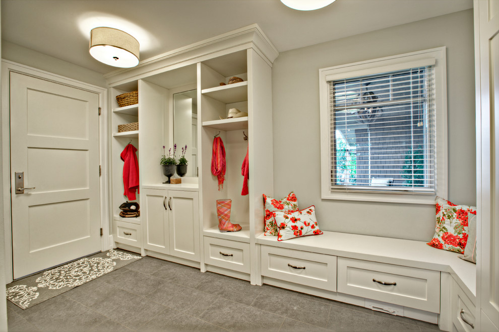 Transitional mudroom in Calgary.
