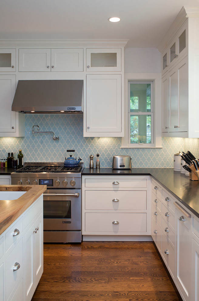 Dark wood floor kitchen photo in Austin with an undermount sink, shaker cabinets, white cabinets, blue backsplash, stainless steel appliances, white walls and an island