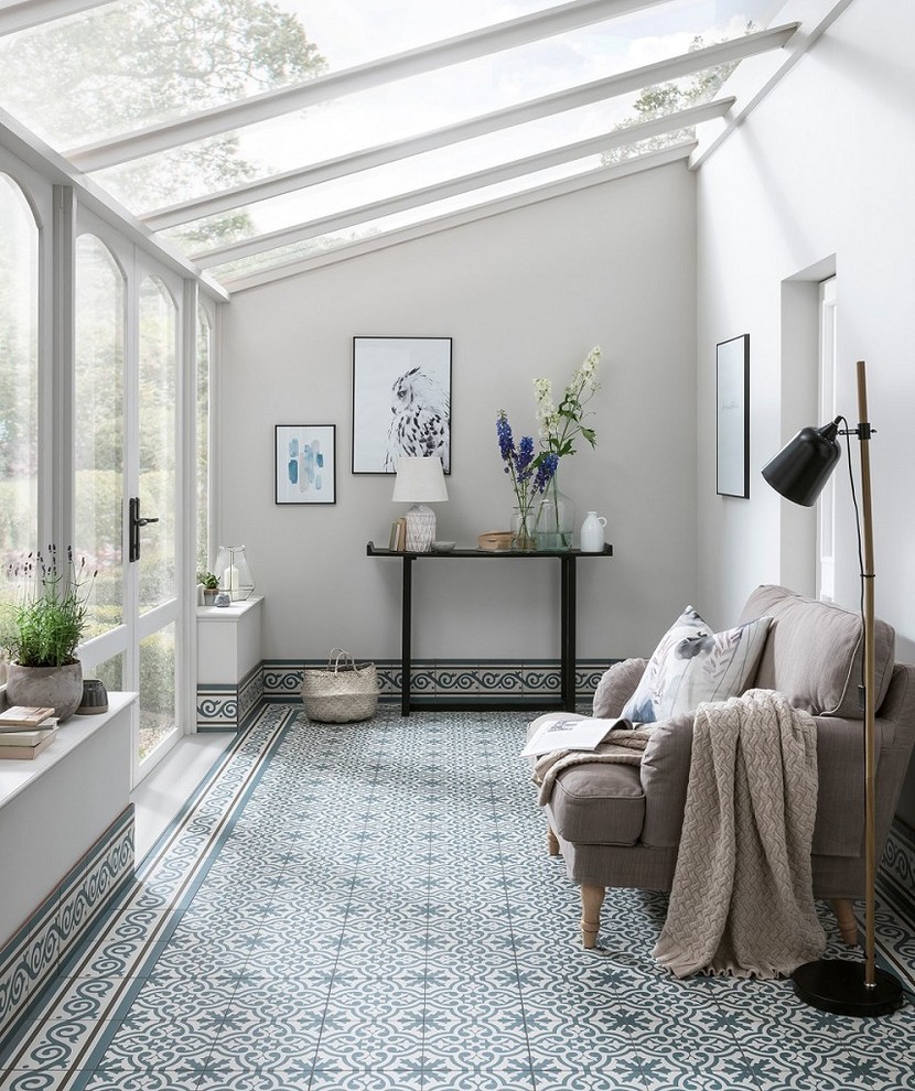 Inspiration for a transitional sunroom in Other with ceramic floors, blue floor and a glass ceiling.