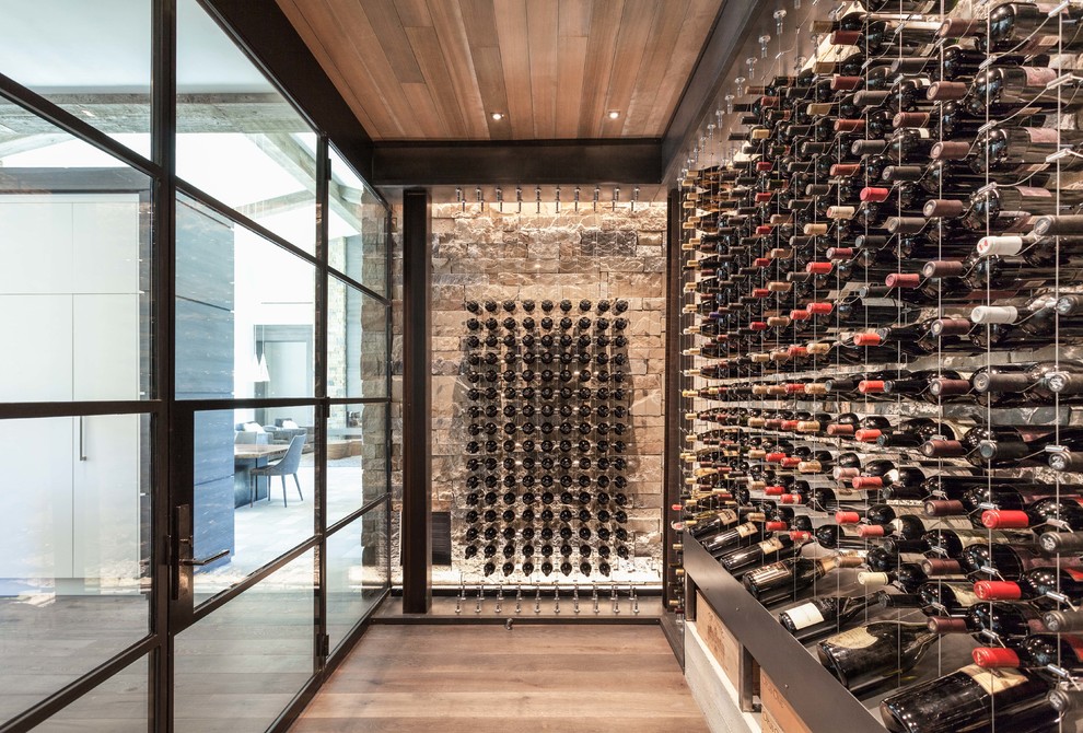 Inspiration for a large modern wine cellar in Sacramento with medium hardwood floors, storage racks and brown floor.