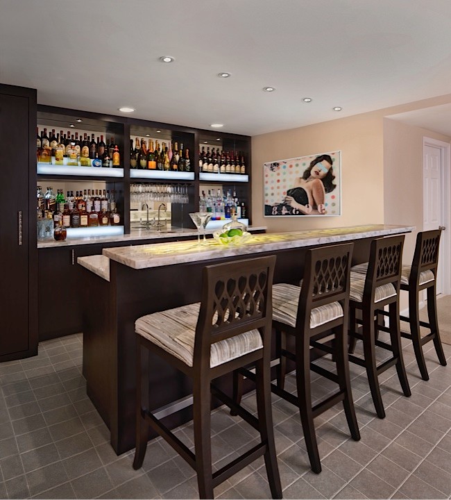 Design ideas for a contemporary seated home bar in Detroit with an undermount sink, open cabinets, dark wood cabinets, onyx benchtops and mirror splashback.