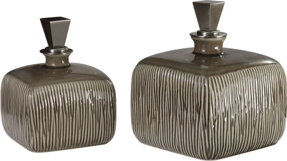 2-Piece Cayson Ribbed Ceramic Bottles, Natural