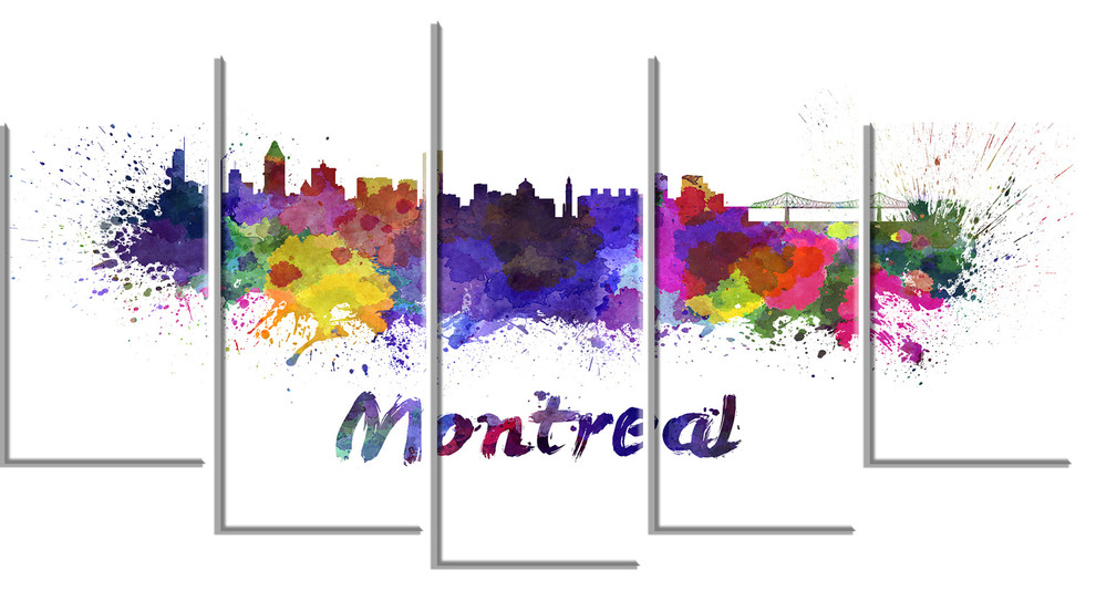 "Montreal Skyline" Cityscape Glossy Metal Wall Art, 60"x32", 5 Panels
