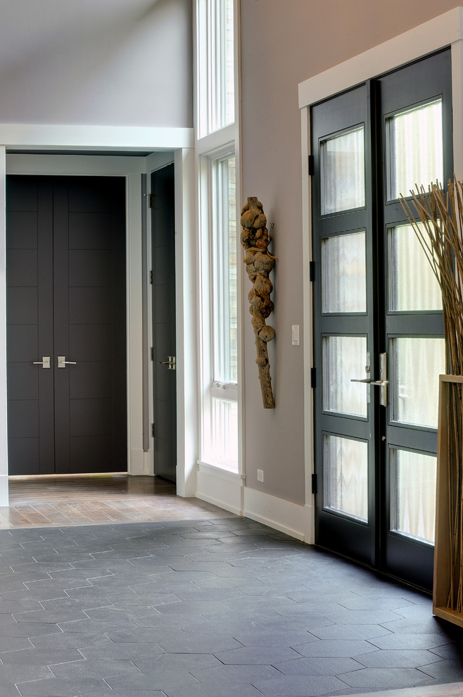 Front door - contemporary front door idea in Chicago with a dark wood front door