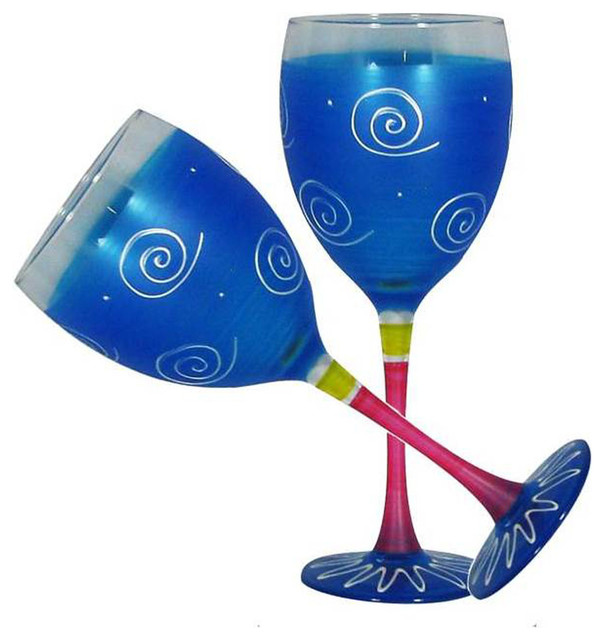Frosted Curl Turquoise Wine Glasses, Set of 2 Contemporary Wine