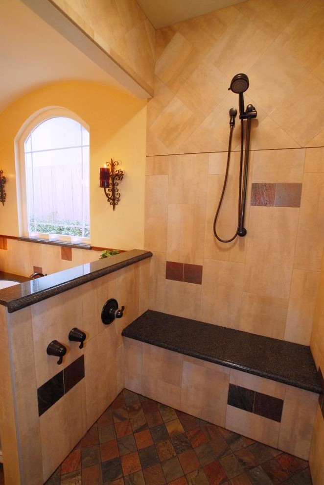 Inspiration for a large modern master beige tile and porcelain tile slate floor alcove shower remodel in San Diego