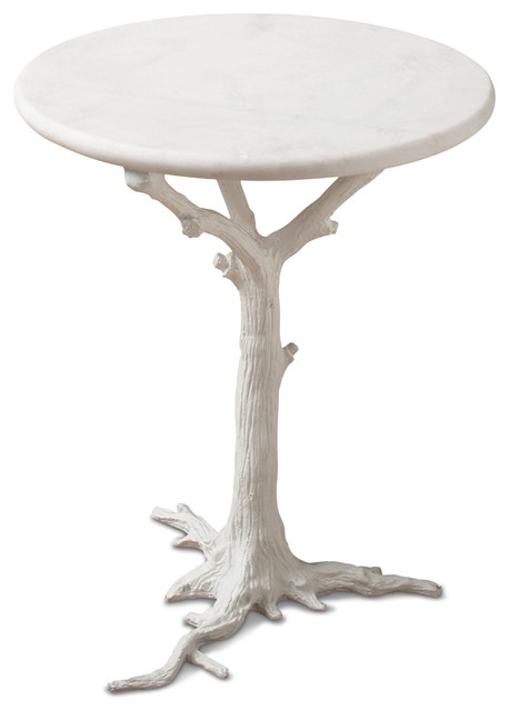 Bijou Global Bazaar White Tree Branch Iron Marble Round Accent End Table