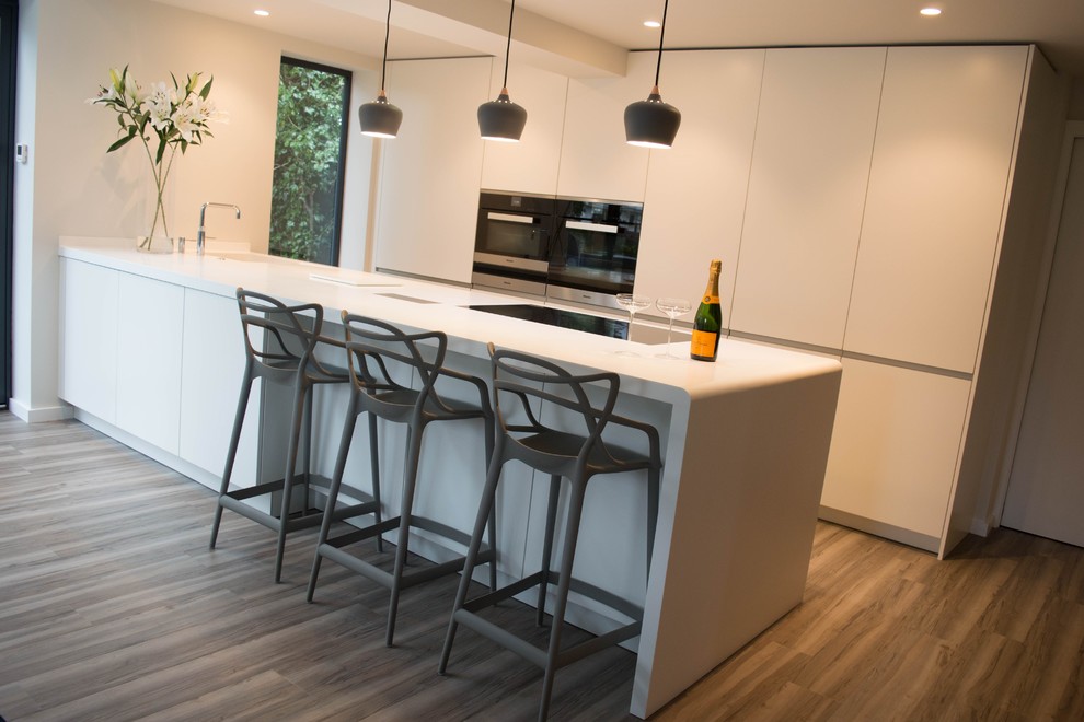 Photo of a large contemporary eat-in kitchen in Other with flat-panel cabinets, white cabinets, stainless steel appliances and a peninsula.