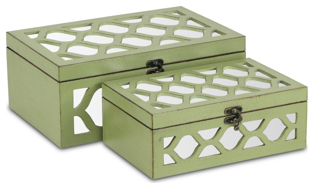 Moroccan Mirrored Wooden Boxes, Blue, Set of 2, Green