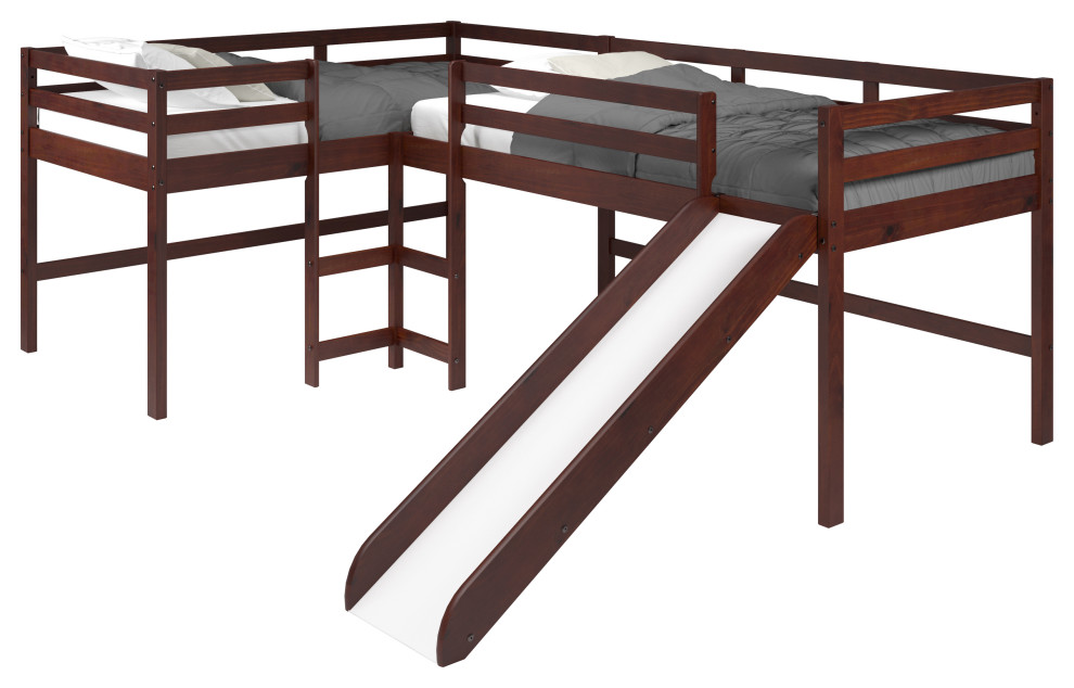 LShape Double Twin Loft Bed In Dark Cappuccino Finish Transitional