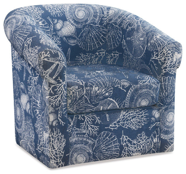 Coastal Accent Chair, Swiveling Design With Blue and White Ocean Shells