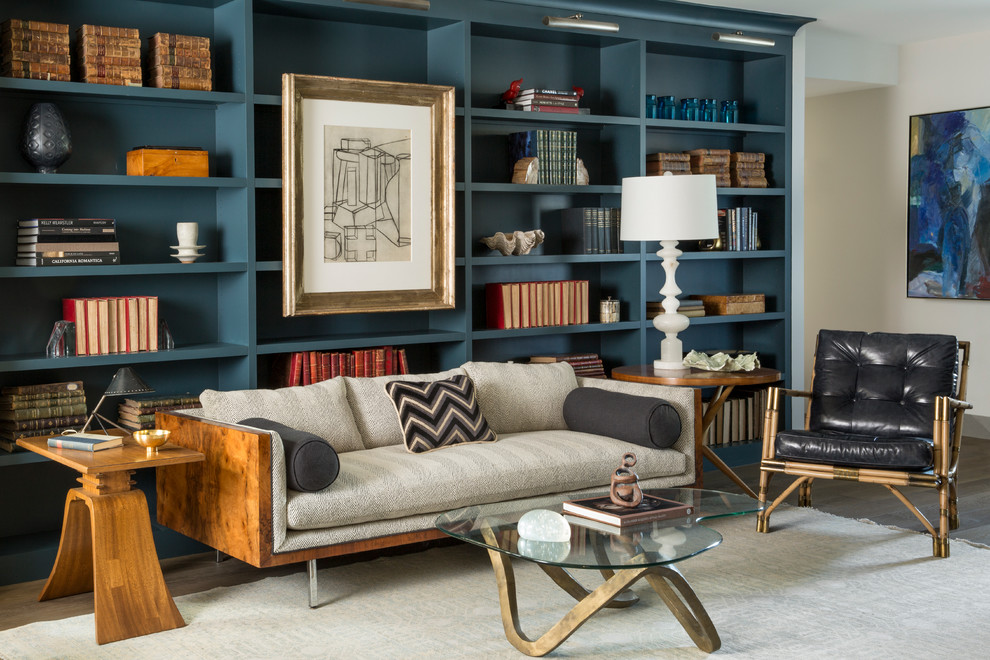 Example of a transitional dark wood floor family room design in San Francisco with white walls