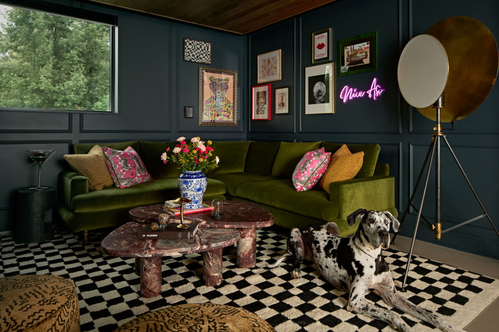 Example of a mid-sized eclectic walk-out concrete floor, gray floor, wood ceiling and wall paneling basement design in Minneapolis with a bar and white walls