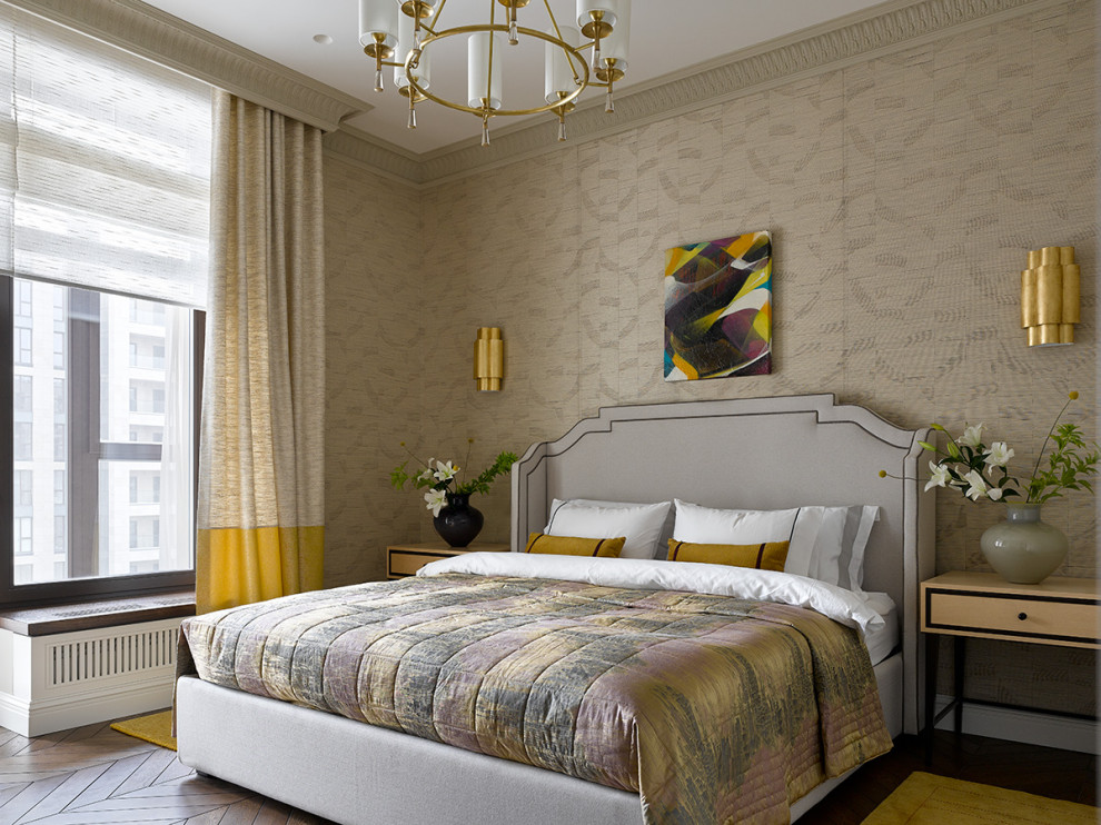 Transitional master bedroom in Moscow with beige walls, medium hardwood floors, brown floor and wallpaper.