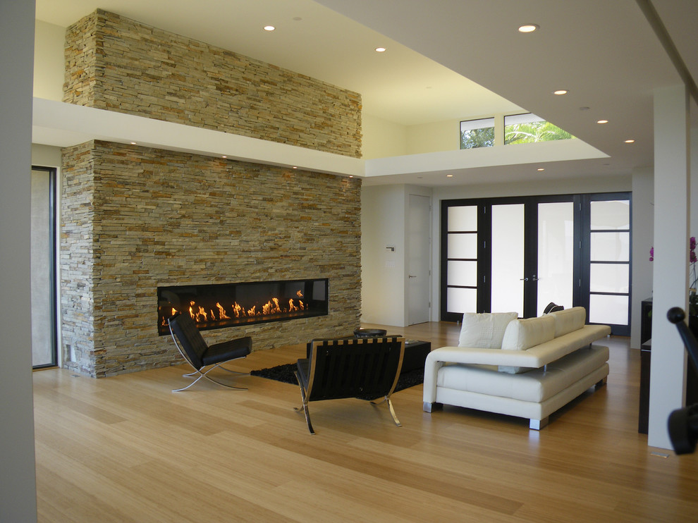 Inspiration for a modern living room in San Francisco with a ribbon fireplace, a stone fireplace surround and bamboo floors.