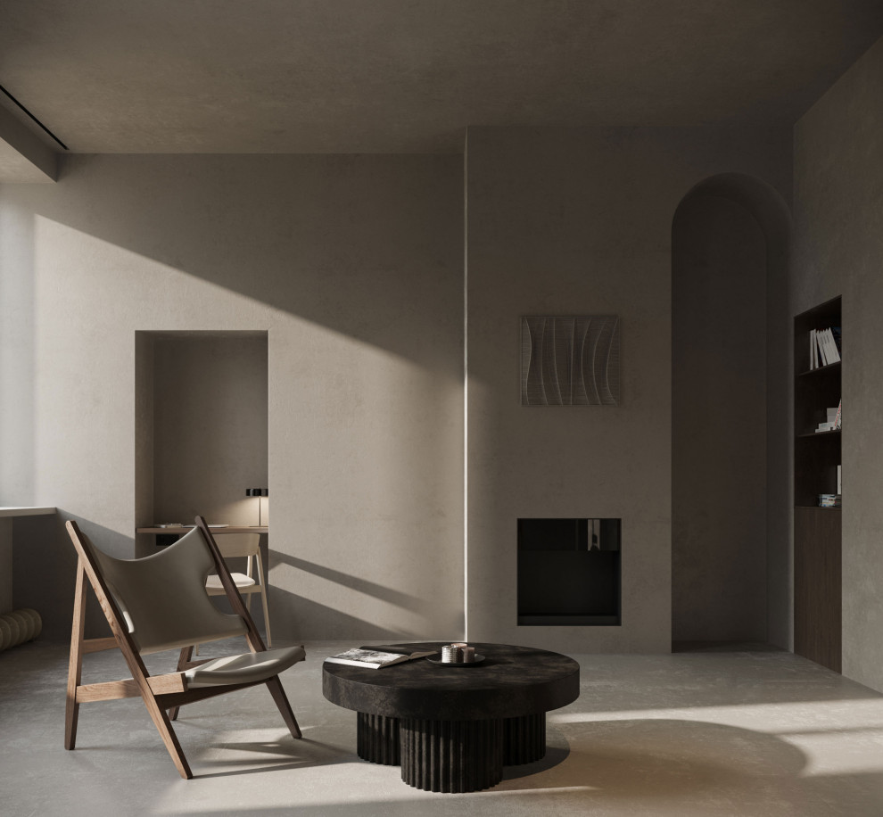 Imagen de sala de estar con biblioteca abierta escandinava extra grande con paredes beige, suelo de cemento, todas las chimeneas, marco de chimenea de metal y suelo beige
