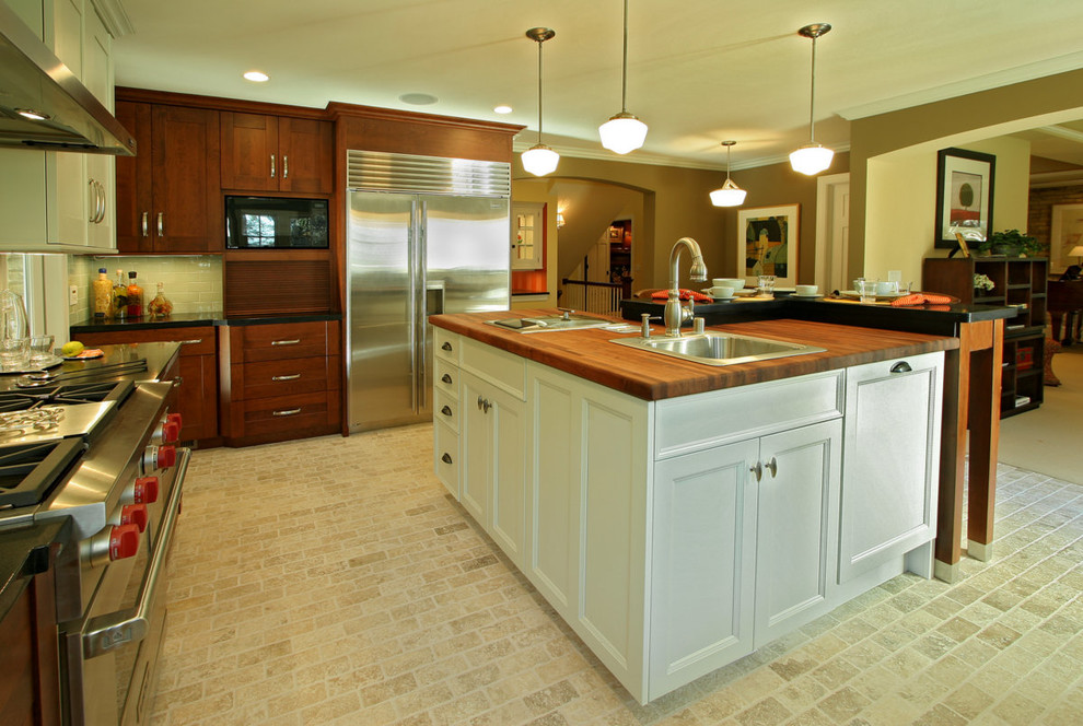 Example of a large transitional u-shaped limestone floor eat-in kitchen design with a farmhouse sink, shaker cabinets, white cabinets, wood countertops, blue backsplash, glass tile backsplash, stainless steel appliances and beige walls