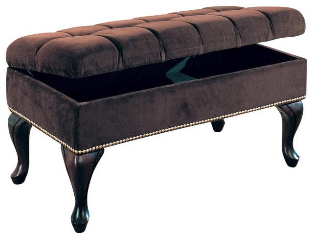 Nail Head Trim Chocolate Brown Fabric Button Tufted Cabriole Legs Storage Bench