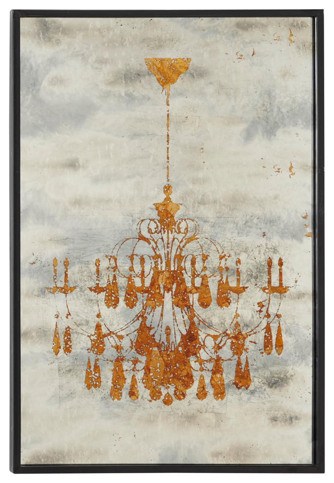 Large Metallic Gold Chandelier Wall Art on Iron Panel, Wood Frame