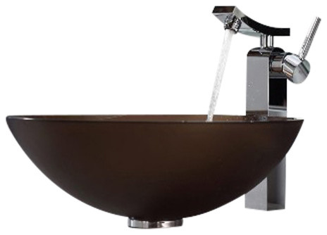 Kraus Frosted Brown Glass Vessel Sink and Unicus Faucet Chrome