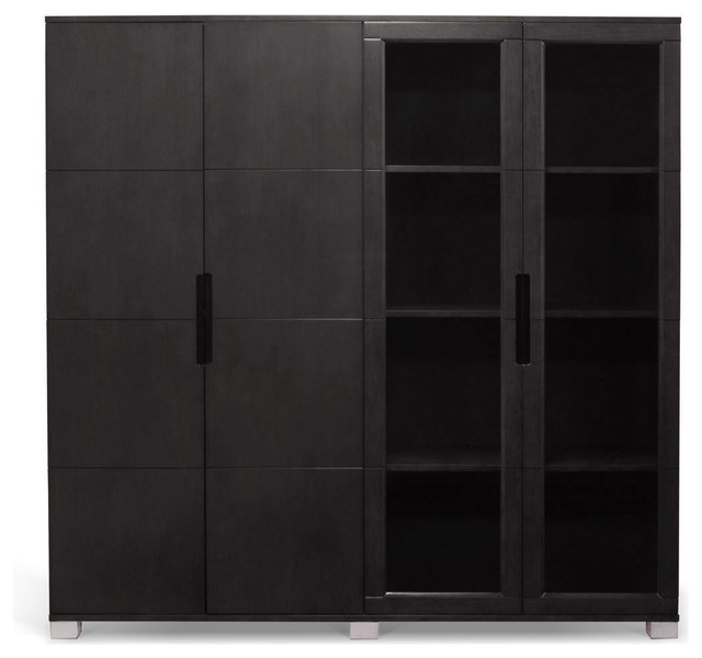 Hayes Modern Executive Wall Unit With Glass Doors And Shelving Black Oak Transitional Storage Cabinets By Zuri Furniture