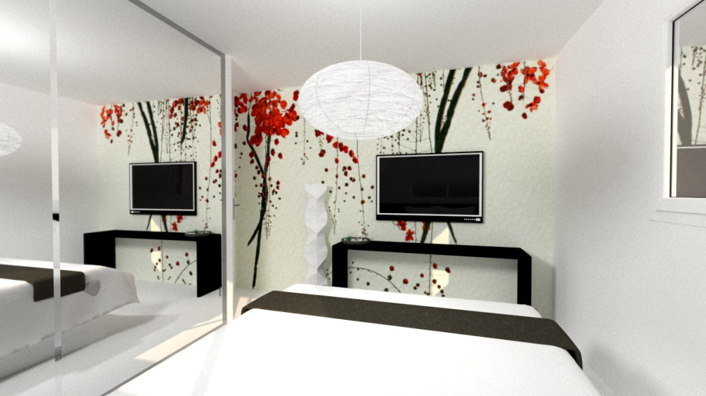 На фото: маленькая гостевая спальня (комната для гостей) в стиле модернизм с красными стенами, мраморным полом и обоями на стенах для на участке и в саду с