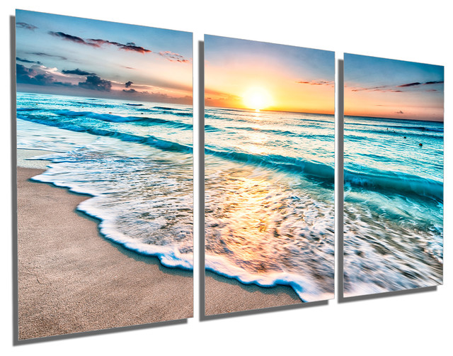 Sunrise Over Beach In Cancun Metal Print Wall Art 3 Panel Split Triptych 36x18 Beach Style 