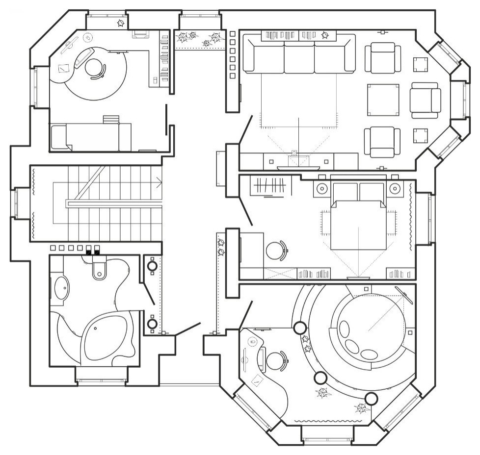 Спальная с круглой кроватью и рабочим кабинетом