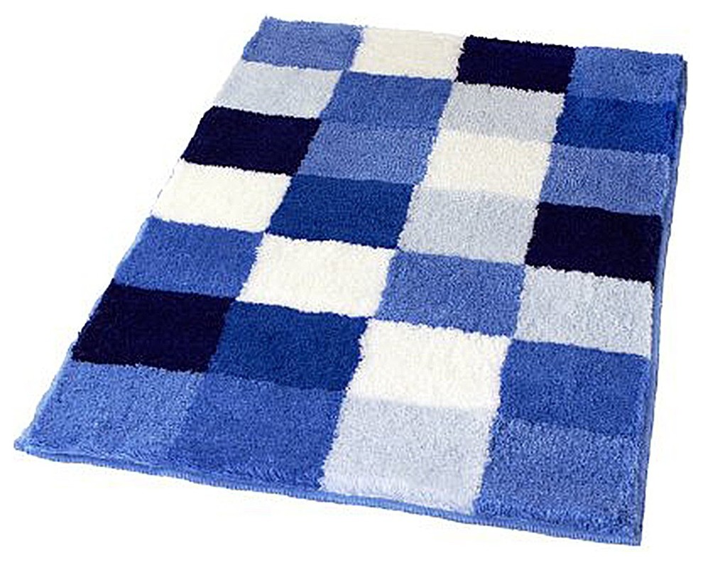 Blue Checker Pattern Rich Multi Color Plush Bathroom Rug, Caro, Extra