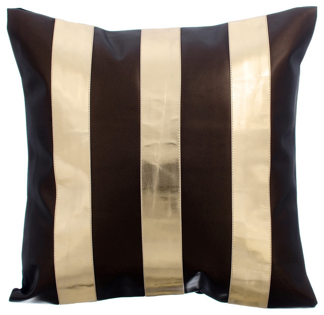 Metallic Faux Leather Stripes Brown Pillow Covers Alternating