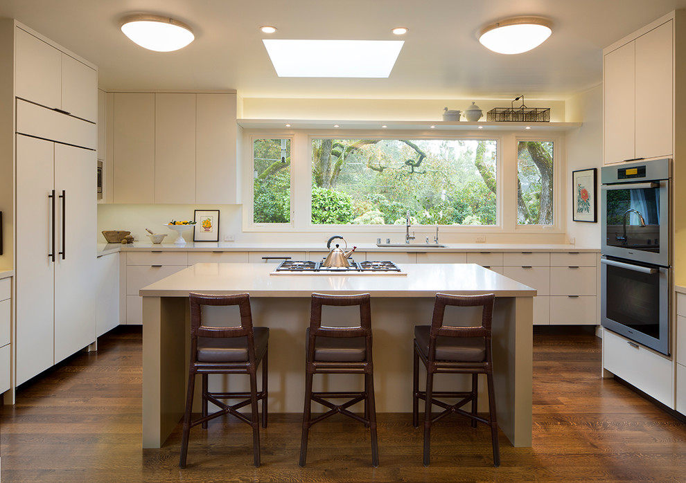 Inspiration for a transitional l-shaped kitchen in San Francisco with an undermount sink, flat-panel cabinets, white cabinets, dark hardwood floors and with island.