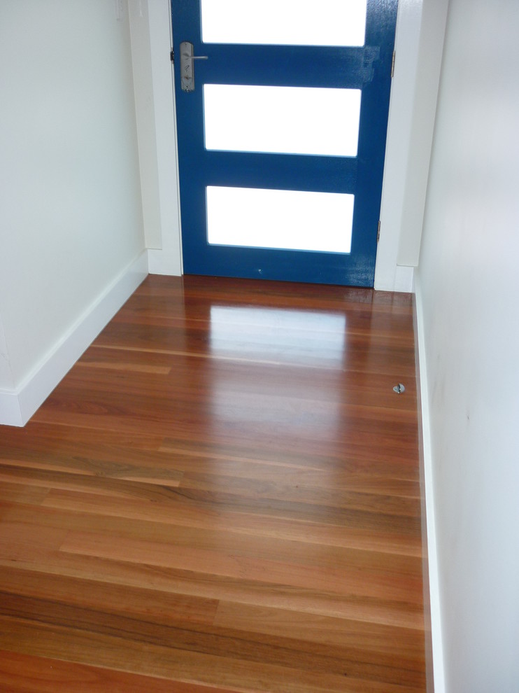 This is an example of a mid-sized contemporary front door in Wollongong with white walls, medium hardwood floors, a single front door and a blue front door.