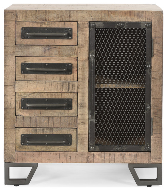 Dawn Industrial Mango Wood Cabinet With Wire Door And 4 Drawers