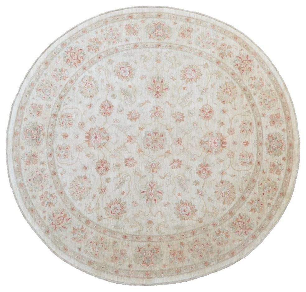 Oushak Area Rug 100% Wool Round White Wash, Hand-Knotted Carpet