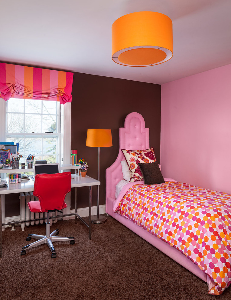 Transitional kids' room in Portland Maine with carpet, brown floor and multi-coloured walls for girls.