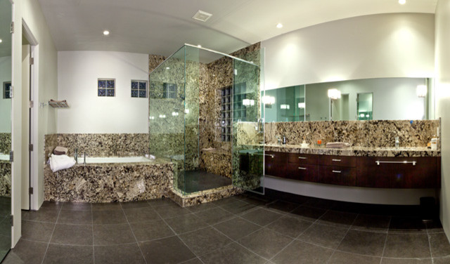 Example of a beige and large master black tile porcelain tile alcove bathtub design in Phoenix with flat-panel cabinets, dark wood cabinets, granite countertops and white walls