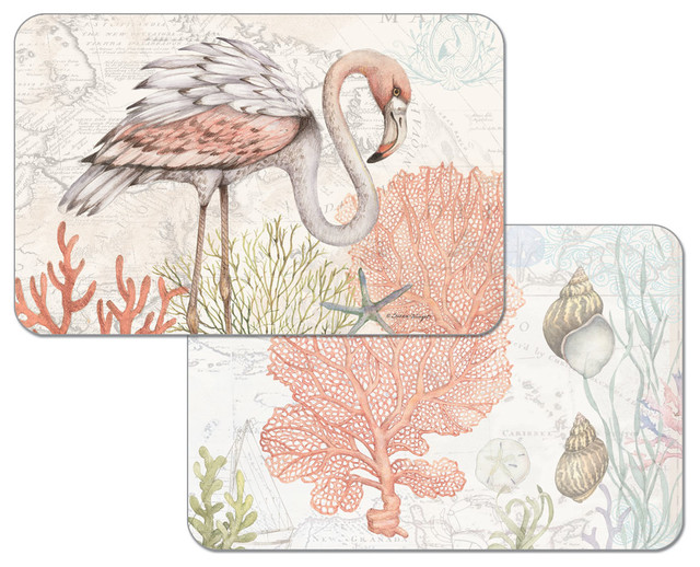 Vinyl Plastic Placemats, Reversible Coastal Beach Shoreline, Set of 4