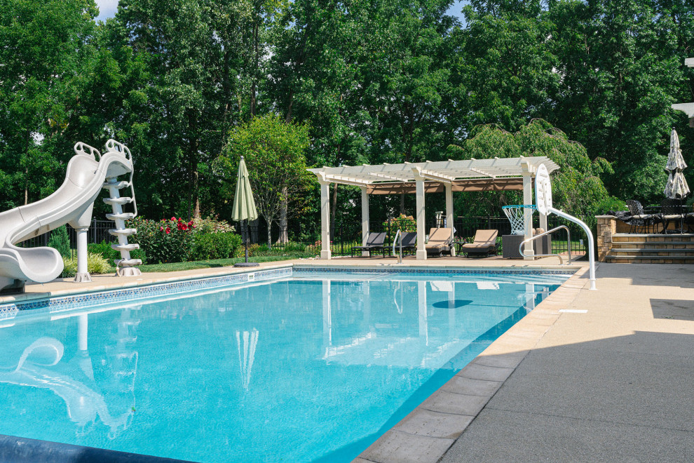 Inspiration for a traditional backyard pool in Columbus with with privacy feature.