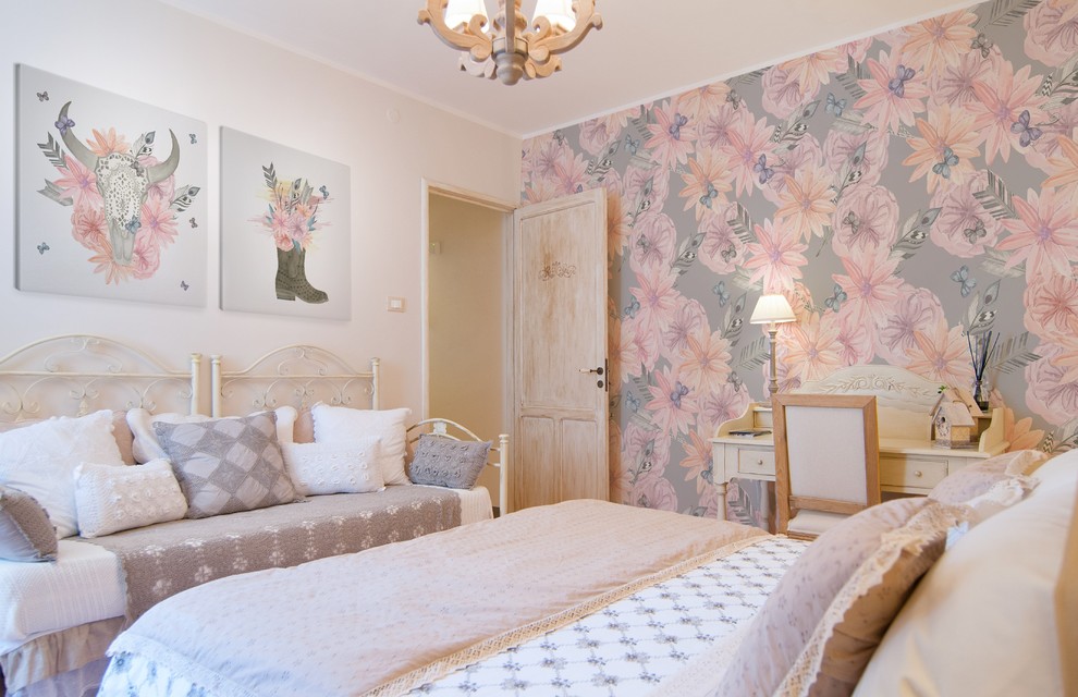 Design ideas for a traditional master bedroom in London with multi-coloured walls.