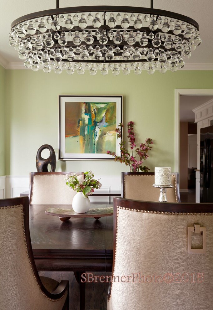 Mid-sized traditional separate dining room in Denver with green walls and dark hardwood floors.