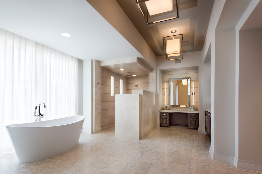 Design ideas for an expansive transitional master bathroom in Austin with raised-panel cabinets, medium wood cabinets, a freestanding tub, a corner shower, an undermount sink, granite benchtops and an open shower.
