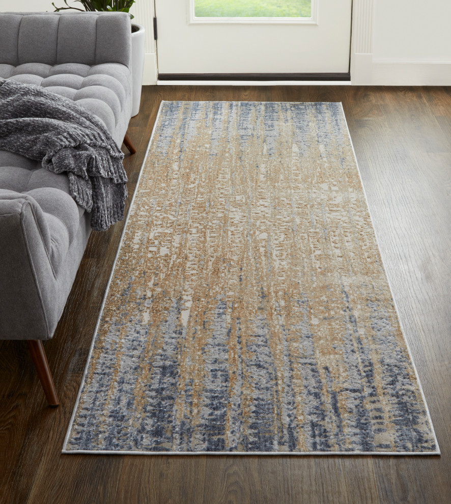 Weave & Wander Corben Abstract Brushstroke Rug, Blue/Beige, 3'x12