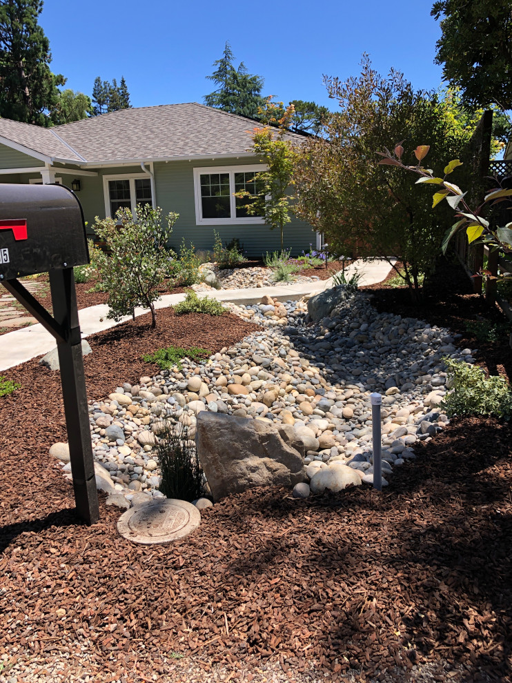 На фото: солнечный засухоустойчивый сад среднего размера на переднем дворе в стиле рустика с камнем в ландшафтном дизайне и хорошей освещенностью