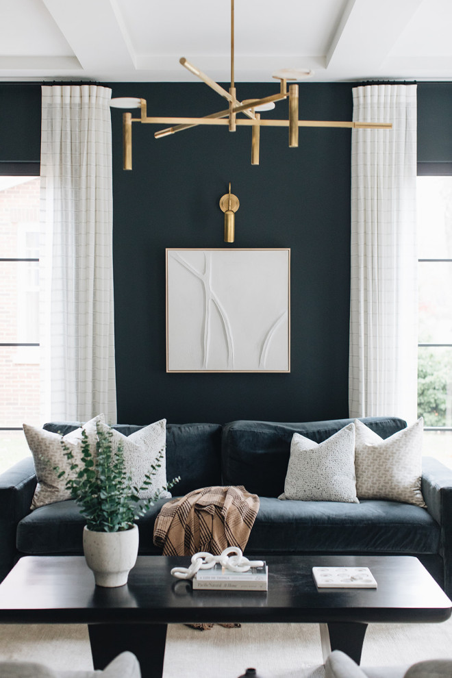 This is an example of a transitional living room in Chicago with black walls.