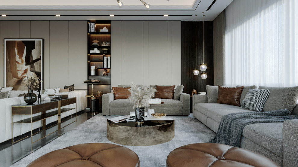 Diseño de salón para visitas cerrado contemporáneo grande con paredes beige, suelo de mármol y televisor retractable