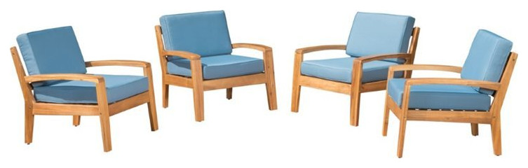 Noble House Grenada Outdoor Acacia Wood Club Chair in Teak and Blue (Set of 4)