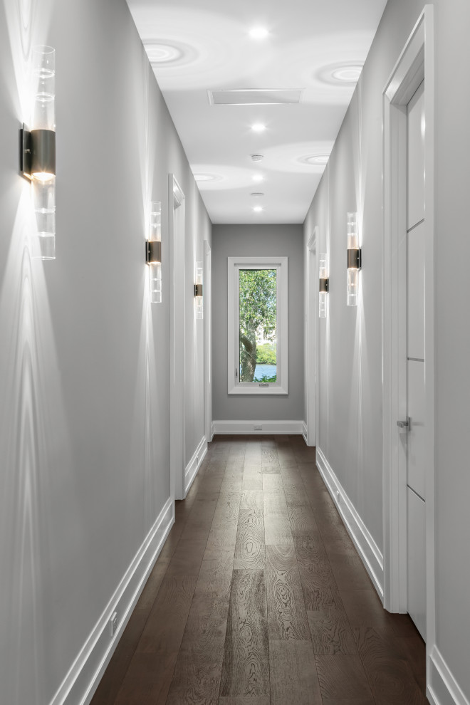 Large contemporary hallway in Tampa with grey walls, dark hardwood floors and brown floor.