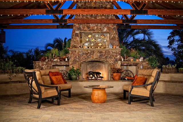 Outdoor patio cover with stone fireplace - Mediterranean - Patio - San Diego - by LINEAR Photography